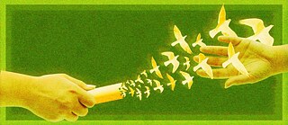 Hand reaching for another hand with doves flying between them