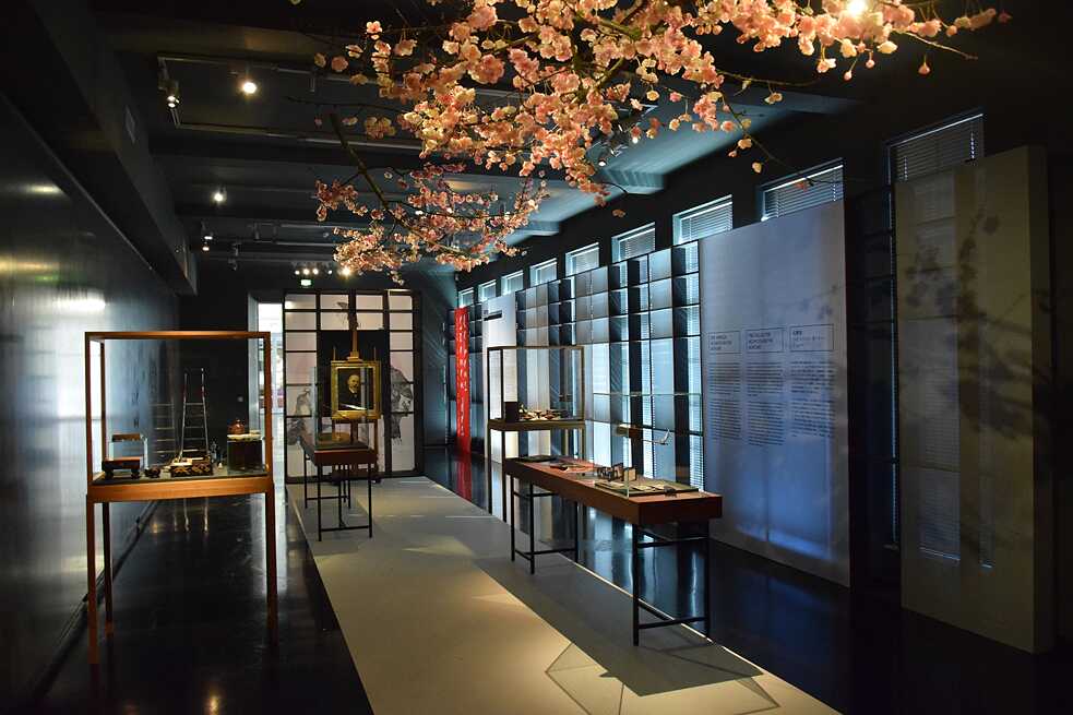 A black-painted exhibition room with a few illuminated showcases and pink flowers on the ceiling