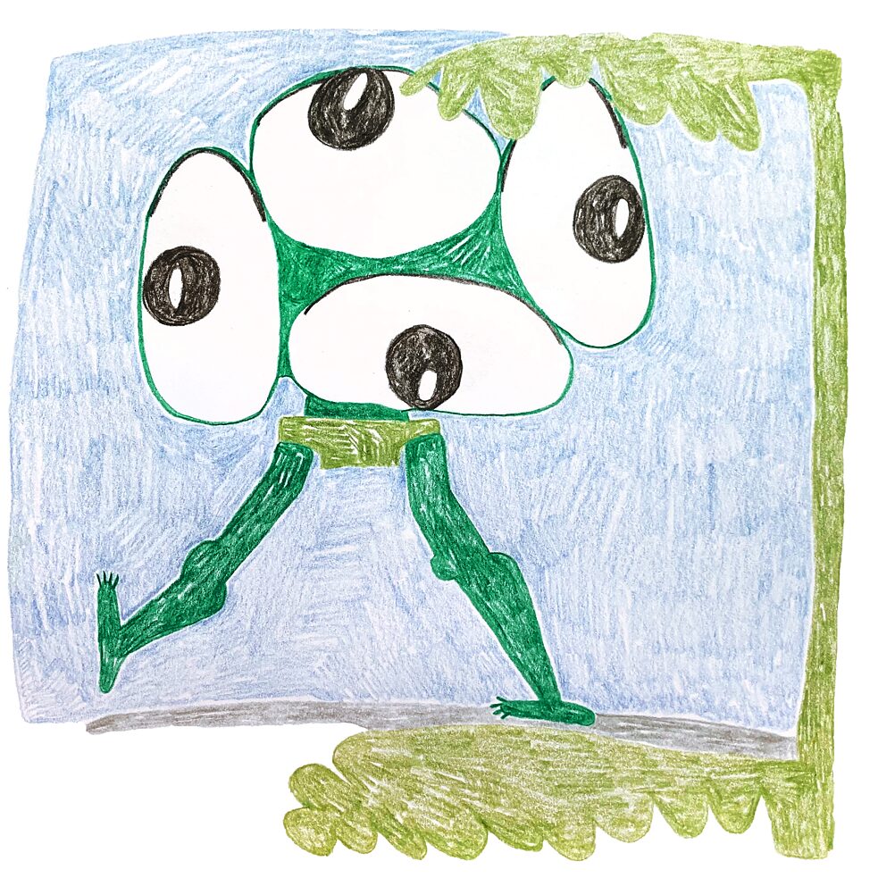 Illustriert: Figur, dessen Körper aus vielen Augäpfeln und Beinen besteht, läuft vor blauem Hintergrund