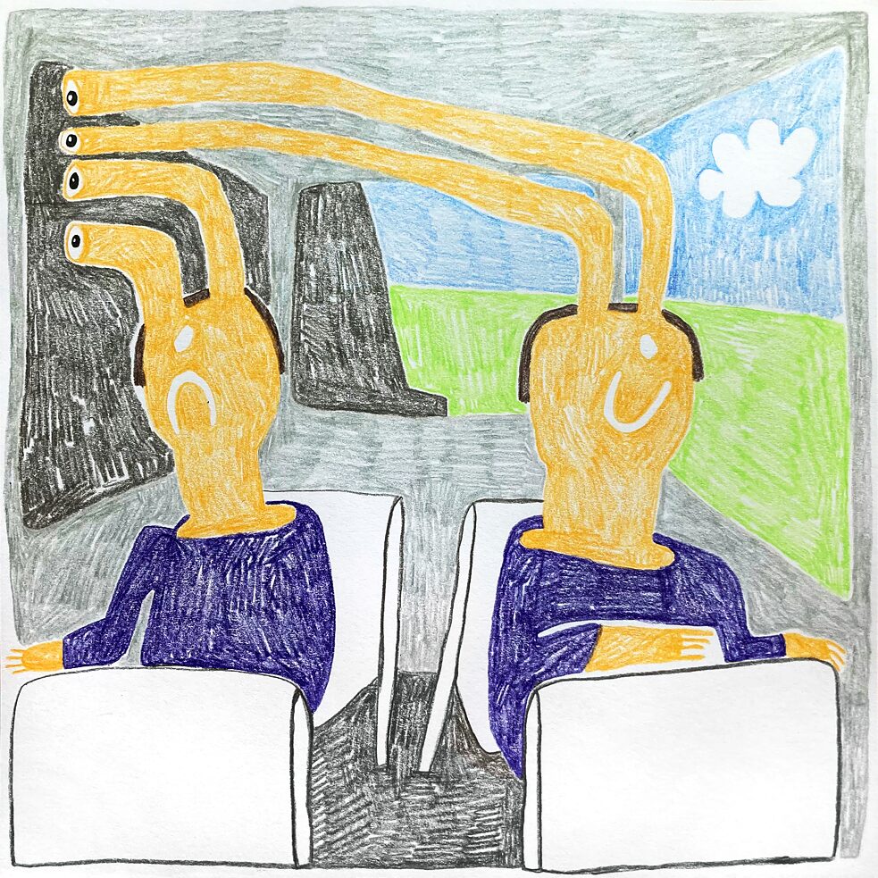 Illustriert: Zwei Figuren in einem Bus, links eine Felswand, rechts grüne Landschaft. Die Augen beider Figuren blicken auf die Felswand, eine wirkt glücklich, die andere unglücklich