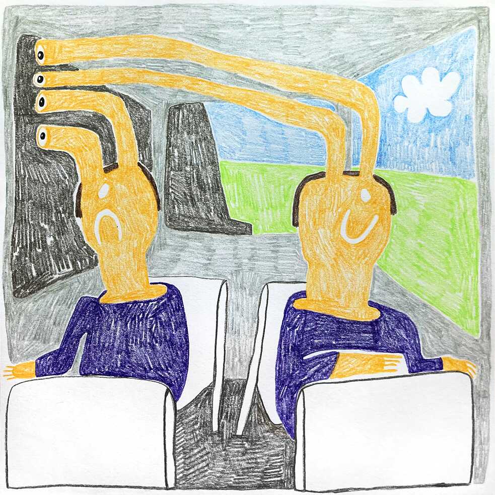 Illustrated: Two figures in a bus, a rock wall on the left, green landscape on the right. The eyes of both figures look at the rock wall, one looks happy, the other unhappy