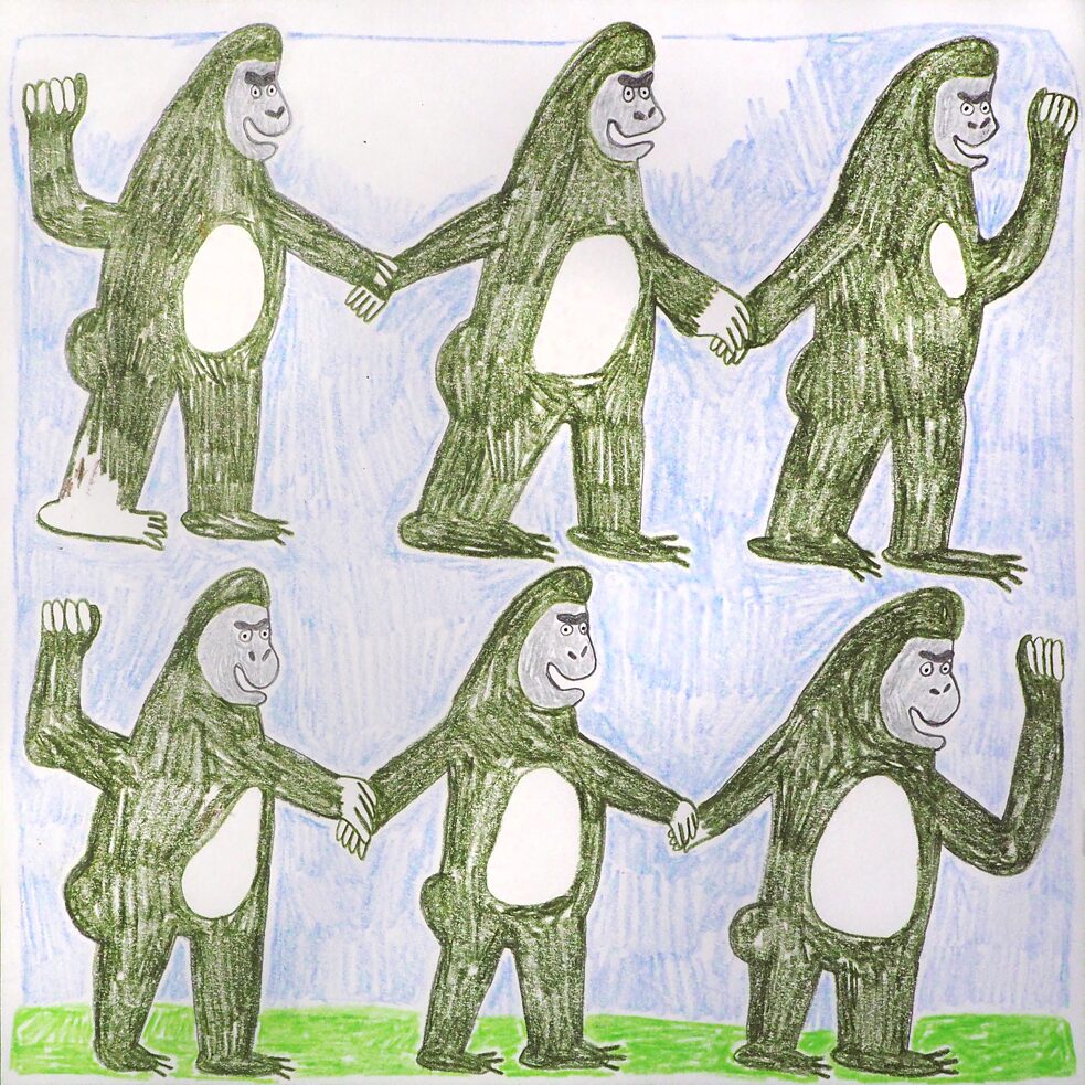 Gezeichnet: Viele Gorillas, die sich an den Händen halten