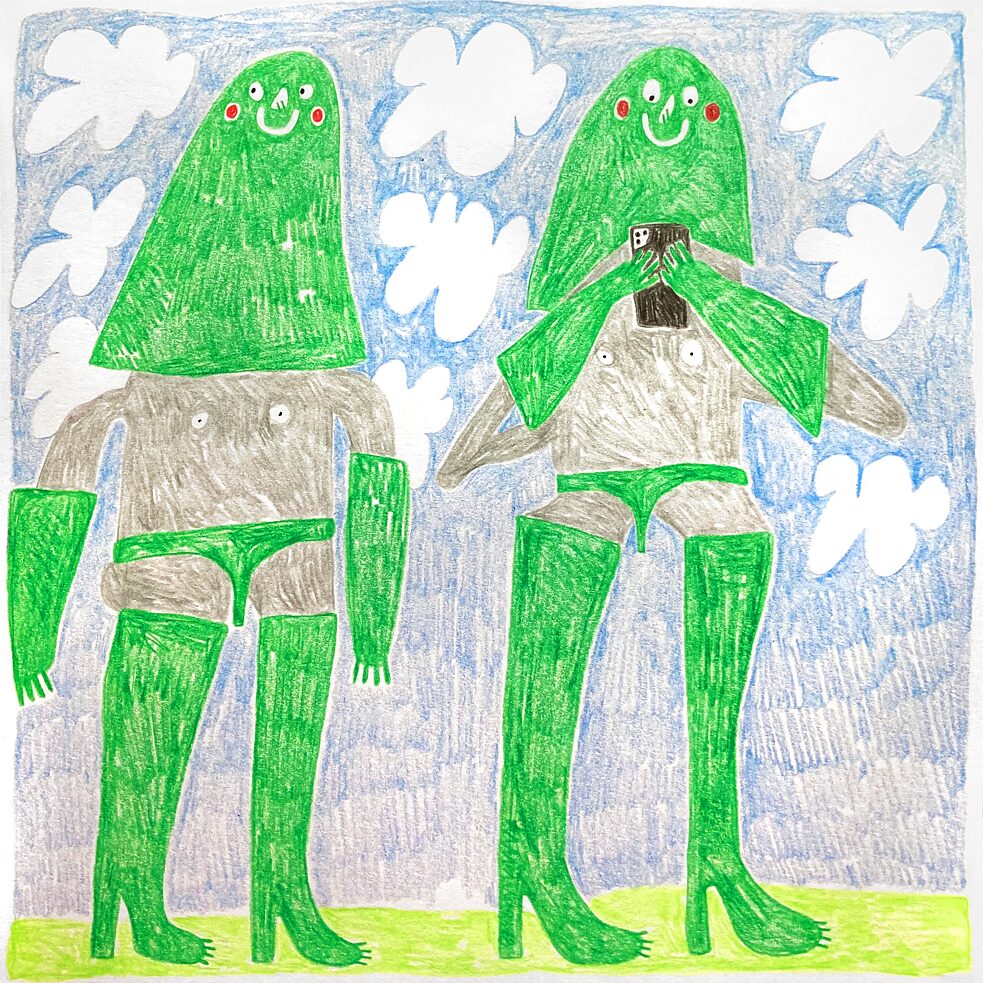 Illustriert: Zwei grüne Figuren, eine am Handy, beide sind glücklich und lächeln