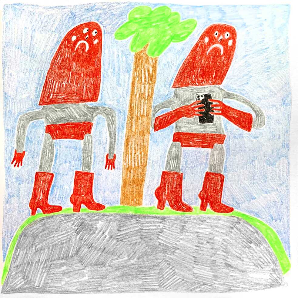 Illustrated: Two red figures, one looking at their phone, both are unhappy