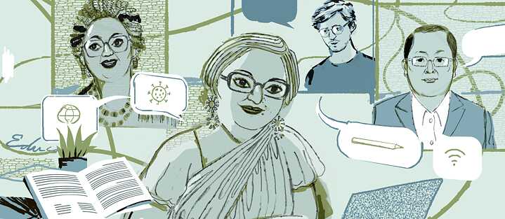 Illustration of Rosana Paulino (left), Paromita Vohra (middle), Jan Paul Heisig (right) and Kwang Sun Joo (far right) 
