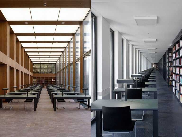 Forschungslesesaal und Sitzreihe im Benutzerbereich der Bibliothek