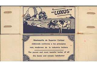 Butter der Marke „Luxus“, hergestellt auf der Hacienda „Constancia“. Verpackungsbeschriftung auf Spanisch, Englisch und Deutsch. 