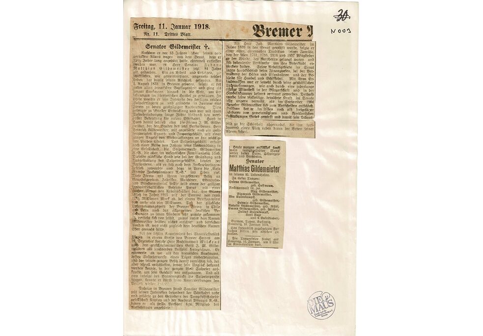 Obituario del Periódico de Bremen del año 1918, donde se mencionan los negocios de Gildemeister en Perú y Chile.