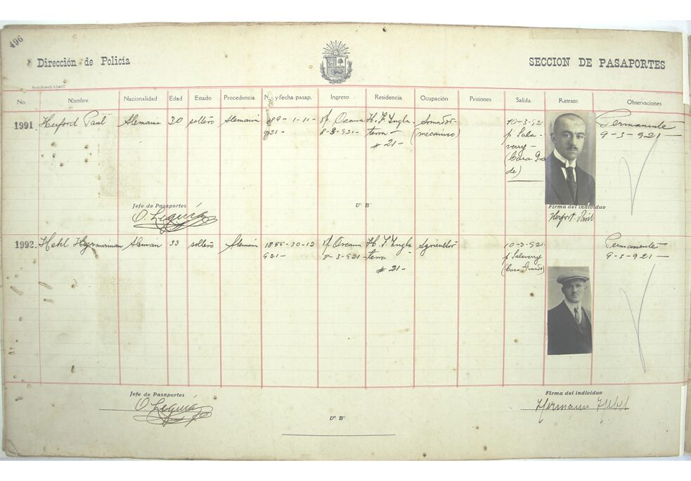 Registros migratorios de alemanes en el Perú, con fechas y datos de puertos e ingreso. Detalle de Hermann Hebel, colega de Otto Elsner en la hacienda Barbacay.