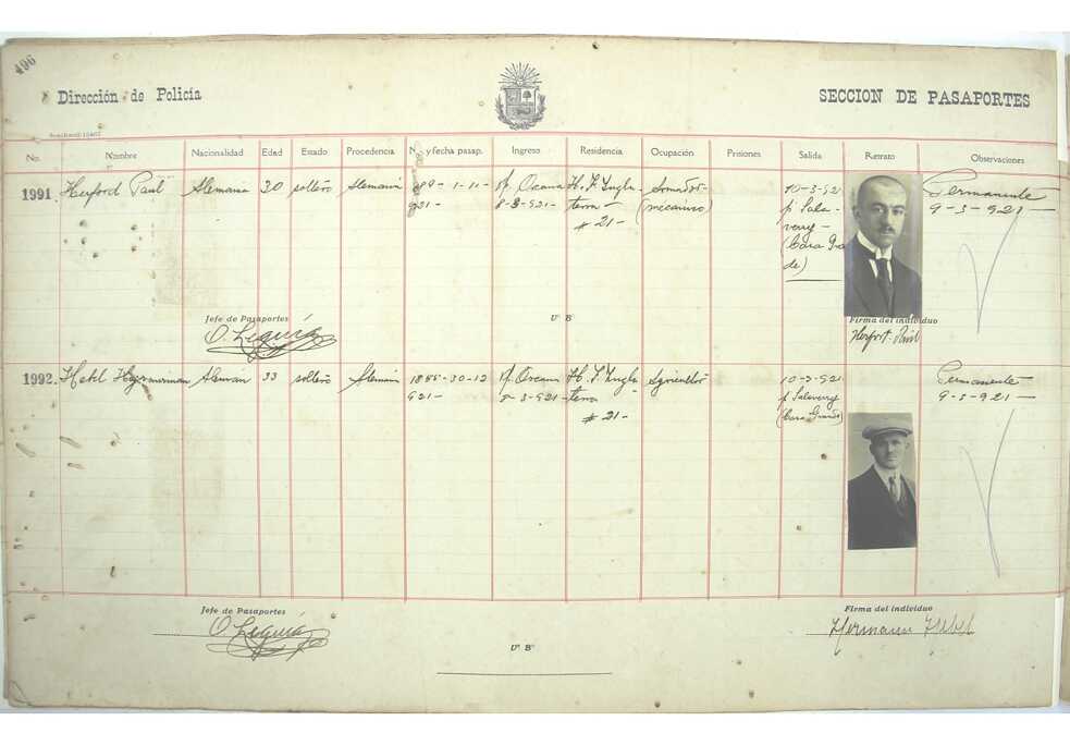 Registros migratorios de alemanes en el Perú, con fechas y datos de puertos e ingreso. Detalle de Hermann Hebel, colega de Otto Elsner en la hacienda Barbacay.