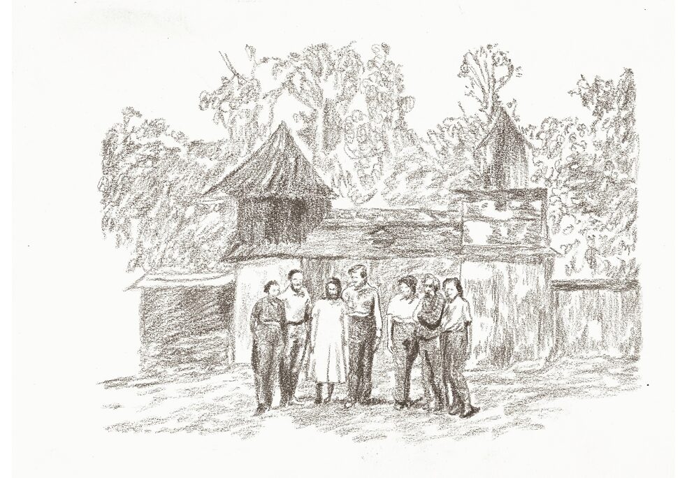 Dibujo basado en una fotografía de la familia Böttger en su fundo de Yanachaga, en el distrito de Huancabamba, en el centro del Perú. En la fotografía original estaban Pablo Böttger Treu, su esposa Mina Nissen y su familia. Autor desconocido.