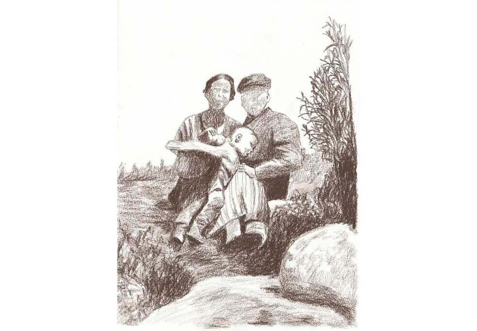 Dibujo basado en una fotografía familiar propiedad de la familia Cossio Tidow. Ulrich Tidow y padres, Hans y Therese Tidow, en la Campiña de Arequipa, al sur del Perú. Hans Tidow trabajó en la Cervecería Alemana Günther y Tidow S.A. 