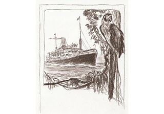 Zeichnung, inspiriert durch ein Werbeplakat der Hamburg-Südamerikanischen Dampfschifffahrts-Gesellschaft für die Strecke Hamburg-Brasilien aus dem Jahr 1910.