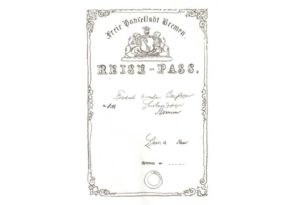 Dibujo de un pasaporte alemán de la ruta Bremen-Lima.