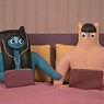 Deux figures en pâte à modeler, l'un à côté de l'autre dans un lit, tous les deux devant leurs ordinateurs. La femme tient la main de l'homme.