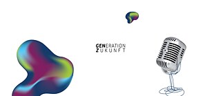 Logo von Generation Zukunft. Schriftzug, bunte abstrakte Formen und ein Mikrofon