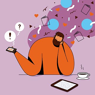 Eine Illustration von einem Mann, der am Tisch sitzt und Medien auf einem Endgerät anhört.