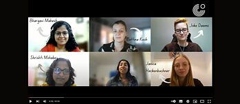 Screenshot from the video interview with Bettina Koch, Bhargavi Mahesh, Janica Hackenbuch, Joke Daems, and Shrishti Mohabey.