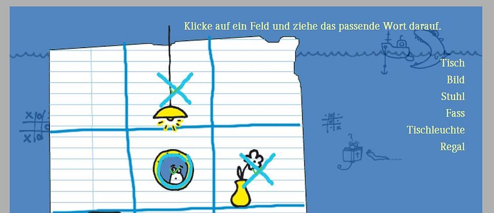 Illustration: Spielefrage Zuordnung von Gegenständen. Abgebildet sind Tisch, Bild, Stuhl, Fass, Tischleuchte und Regal.