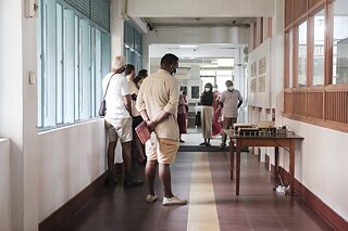 On every Friday during the festival Anushka Rajendran and Natasha Ginwala take visitors on a walk through the exhibition chapters of Language is Migrant at the Colombo Public Library and Rio Complex.  Photography: Shehan Obeysekara