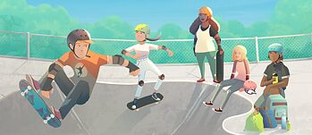 Illustration: Young people on skateboards on a skate ramp