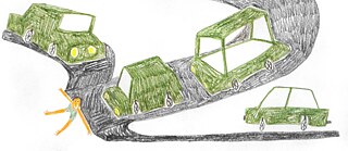 Illustriert: An einer Kreuzung sitzt eine Figur, die die Straße für drei Autos, welche aus unterschiedlichen Richtungen kommen, blockiert