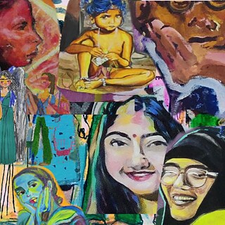  A colorful collage with many women faces partial print, pencil, and acryl. We see some famous brown or Bangaldeshi feminists, like Rokeya Begum, on the right a women with glasses and a hijab, a young women with a bindi, a half-naked child on siting on the floor. In the middle we see a group of girls with different dresses, standing together. On top a Marylin Monroye-like looking woman with covered eyes, a yawning woman, and some grinch-like looking women with her tongue out.