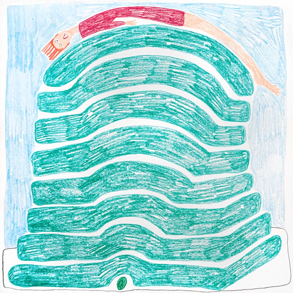 Illustriert: Eine Person in rotem Kleid liegt auf sehr vielen türkisen Matratzen, die sich alle wölben, da unter ihnen eine kleine Erbse liegt