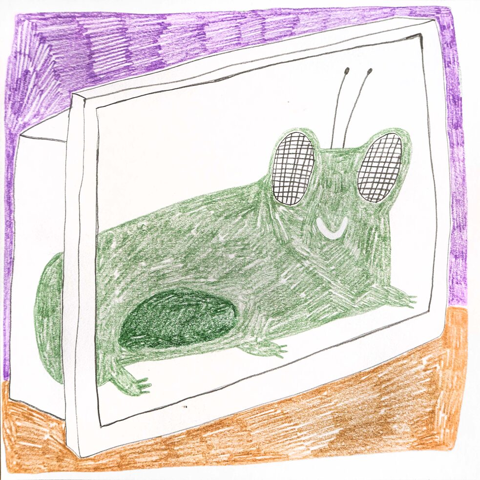 Illustriert: Ein graues Wesen mit Fühlern sitzt in einem Bildschirm