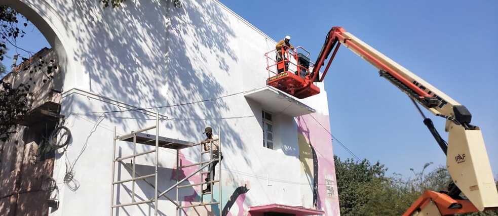 The wall is prepared for the artwork.