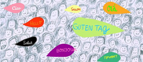 Eine Illustration mit Menschen im Hintergrund und in Sprechblasen Begrüßungen auf mehreren Sprachen