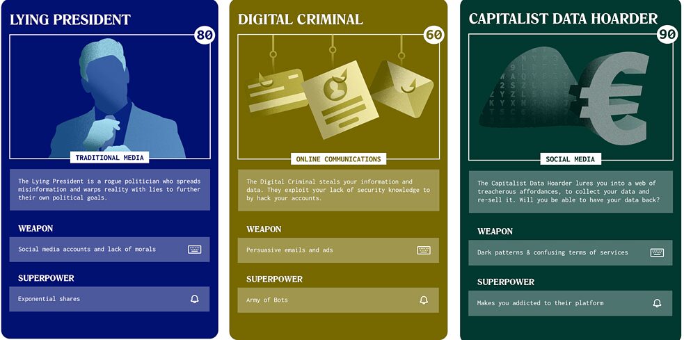 Cards from the “Fight for the Net” card game: the “Lying President”, the “Digital Criminal” and the “Capitalist Data Hoarder”.