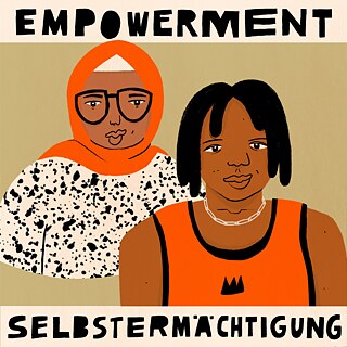 Eine Illustration von zwei POC-Menschen mit Text Empowerment / Selbstermächtigung