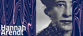 A black and white portrait of Hannah Arendt, cropped so that 3/4 of her face is showing, sits against a blue and pink background. The text reads "Hannah Arendt: Thinking is Dangerous."