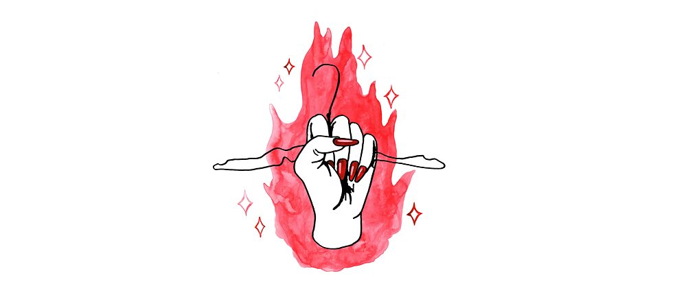 Illustrated: A clenched fist holding up a clothes hanger against a red background