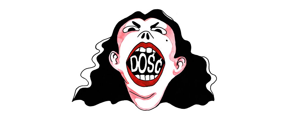 Illustrazione: Il volto di una donna con lo slogan: “Basta!” nella bocca