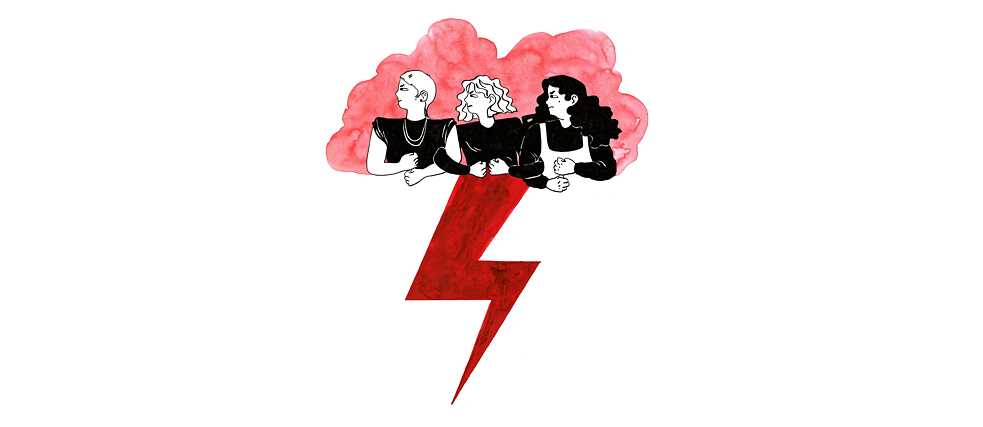 Illustration: Three women in front of a red cloud below them a red lightning bolt