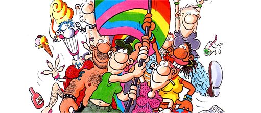 Un groupe de gays et lesbiennes avec un drapeau arc-en-ciel