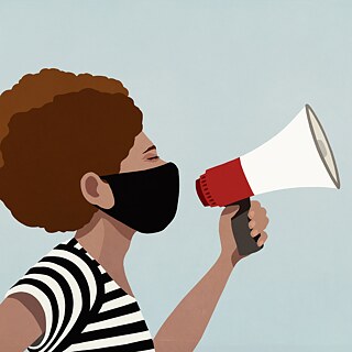 Illustration von einer POC-Frau die in ein Lautsprecher redet und eine Gesichtsmaske trägt