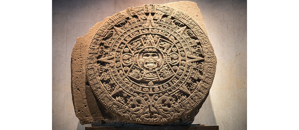 Aztekischen Kalender oder Sonnenstein im Nationalmuseum für Anthropologie in Mexiko-Stadt, Mexiko 