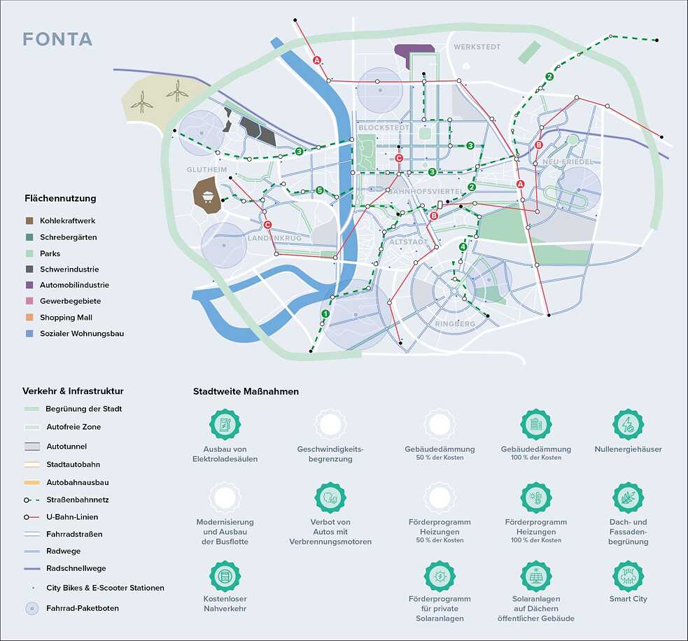 The map to the fictional city Fonta used in a strategy game.