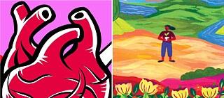 Ein Herz vor rosa Hintergrund / Eine Frau mit einer Topfpflanze inmitten einer Landschaft