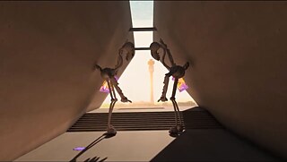 Two VR flamingos in a building