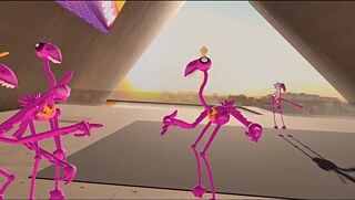 Two pink VR flamingos in a building