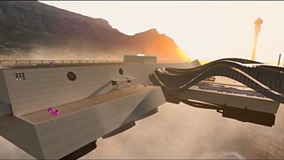 A VR flamingo next to a riverbank with a bridge over it