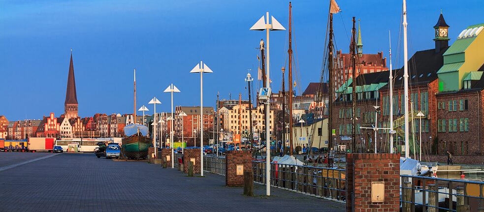 The long quayside of Rostock’s city port.  