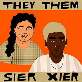 Eine Illustration von zwei BIPoC-Personen und Wörter they them, sier xier