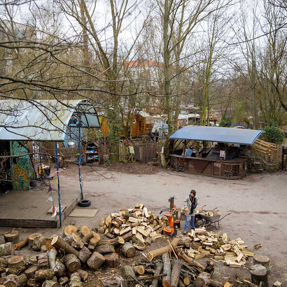 A resident chopping wood at Wagenburg Lohmühle in Berlin