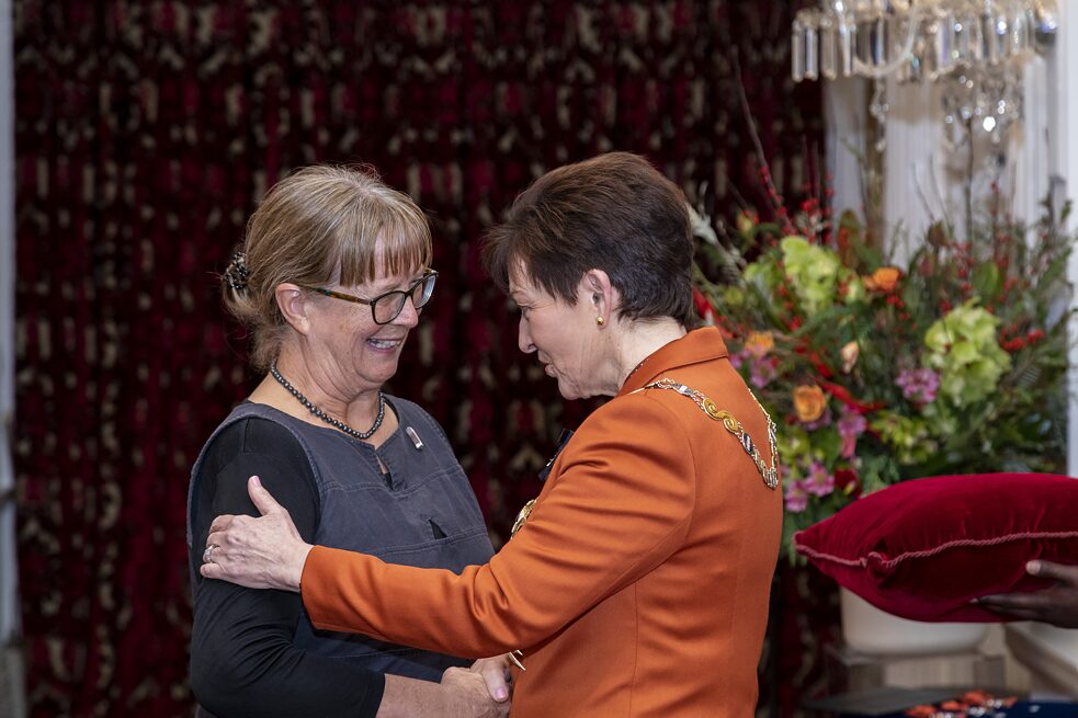 Judith Geare and Dame Patsy Reddy at the Order of Merit investiture