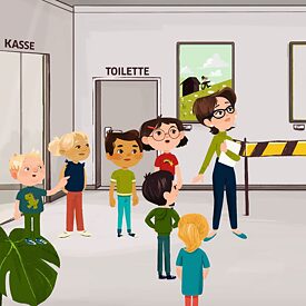 Eine Illustration von Kindern und einer Lehrerin